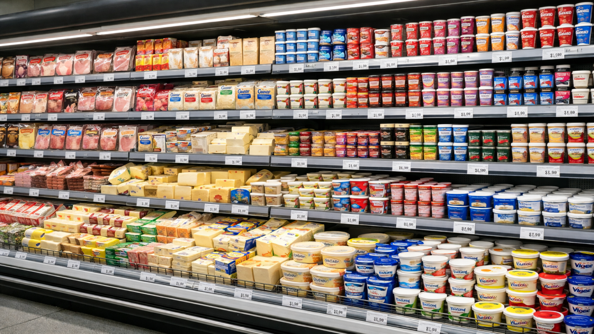 Setor de frios e laticínios organizado em supermercado com produtos de alto giro