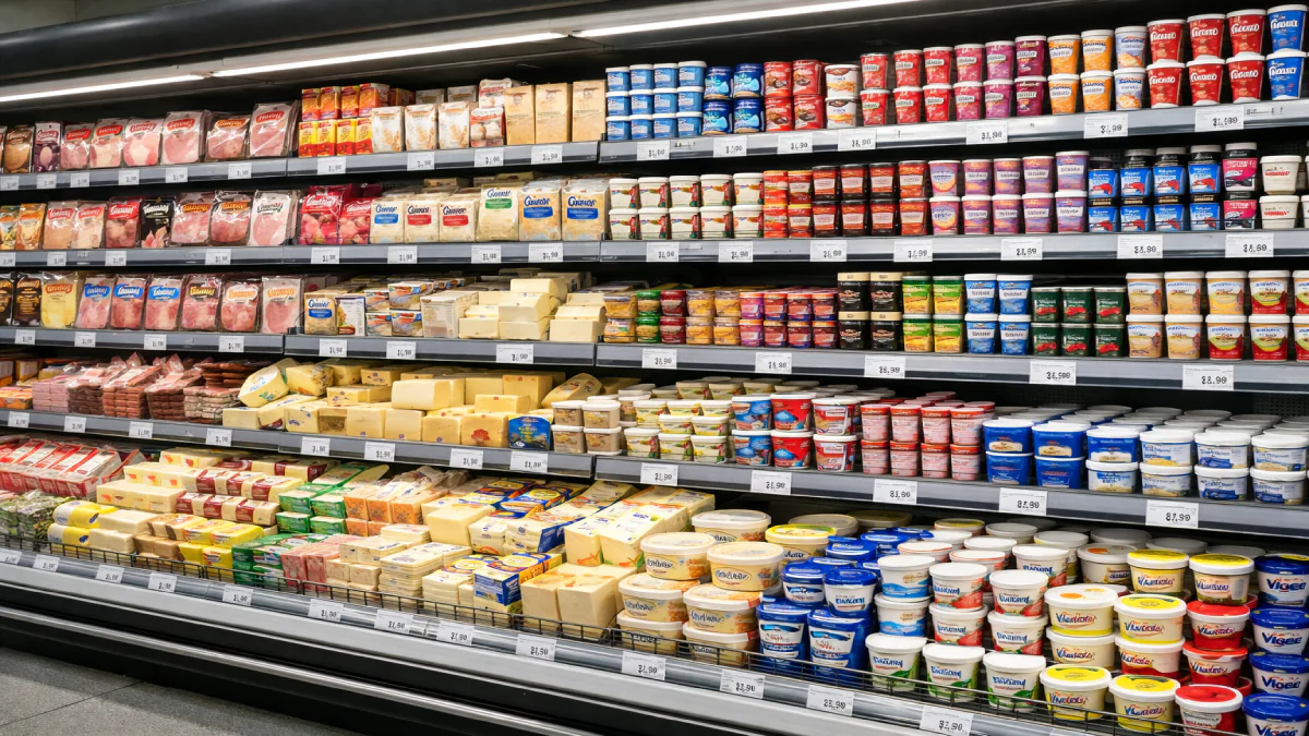 Setor de frios e laticínios organizado em supermercado com produtos de alto giro